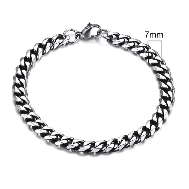 Stainless steel chain bracelet with round pattern design - 7mm vintage silver / 18cm - necklace