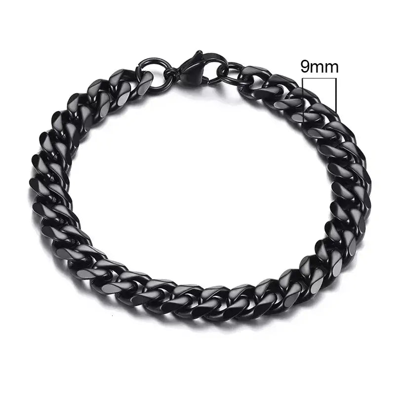 Stainless steel chain bracelet with round pattern design - 9mm black / 18cm - necklace