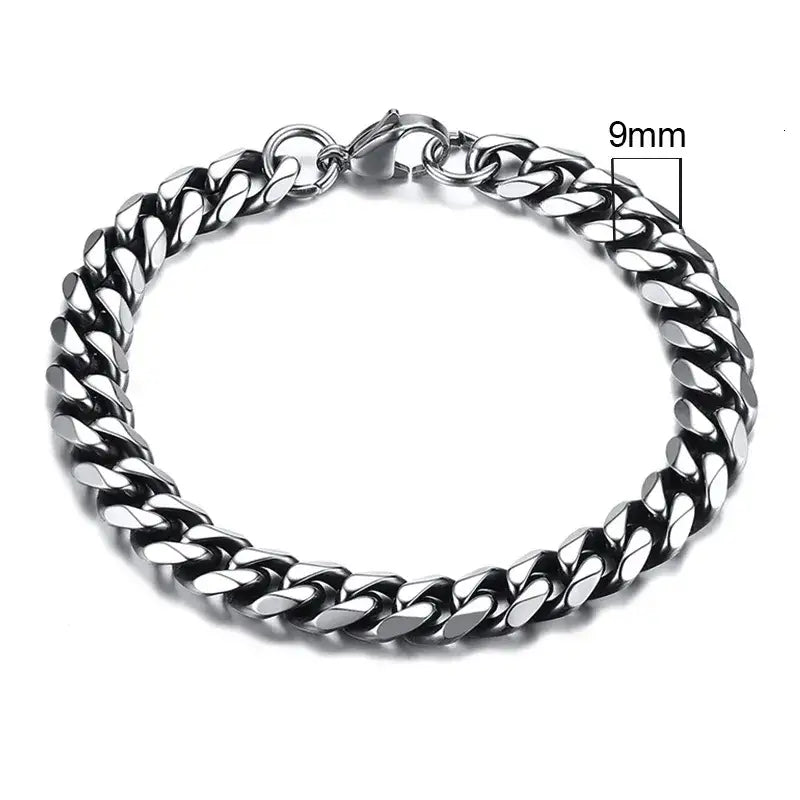 Stainless steel chain bracelet with round pattern design - 9mm vintage silver / 18cm - necklace