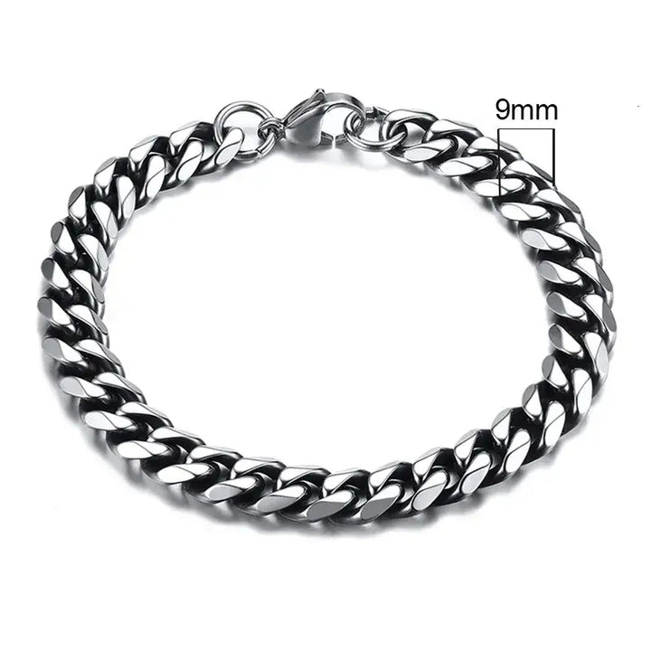 Stainless steel chain bracelet with round pattern design - 9mm vintage silver / 18cm - necklace
