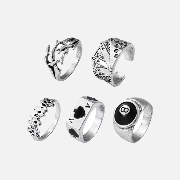Y2k billiards casino rings set of 5 for enthusiasts and fashion lovers