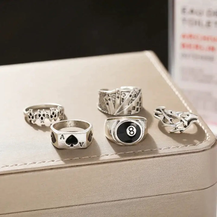 Y2k billiards casino rings set of 5 for enthusiasts and fashion lovers
