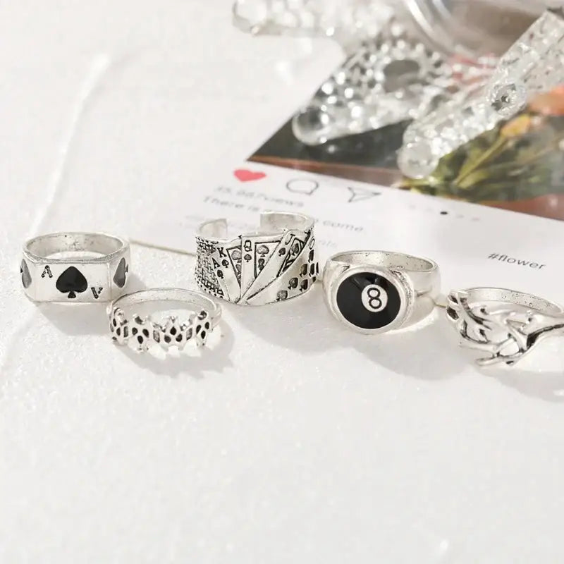 Y2k billiards casino rings set of 5 for enthusiasts and fashion lovers