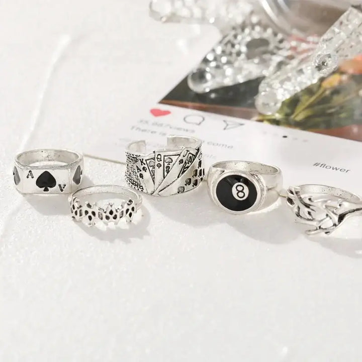 Y2k billiards casino rings set of 5 for enthusiasts and fashion lovers