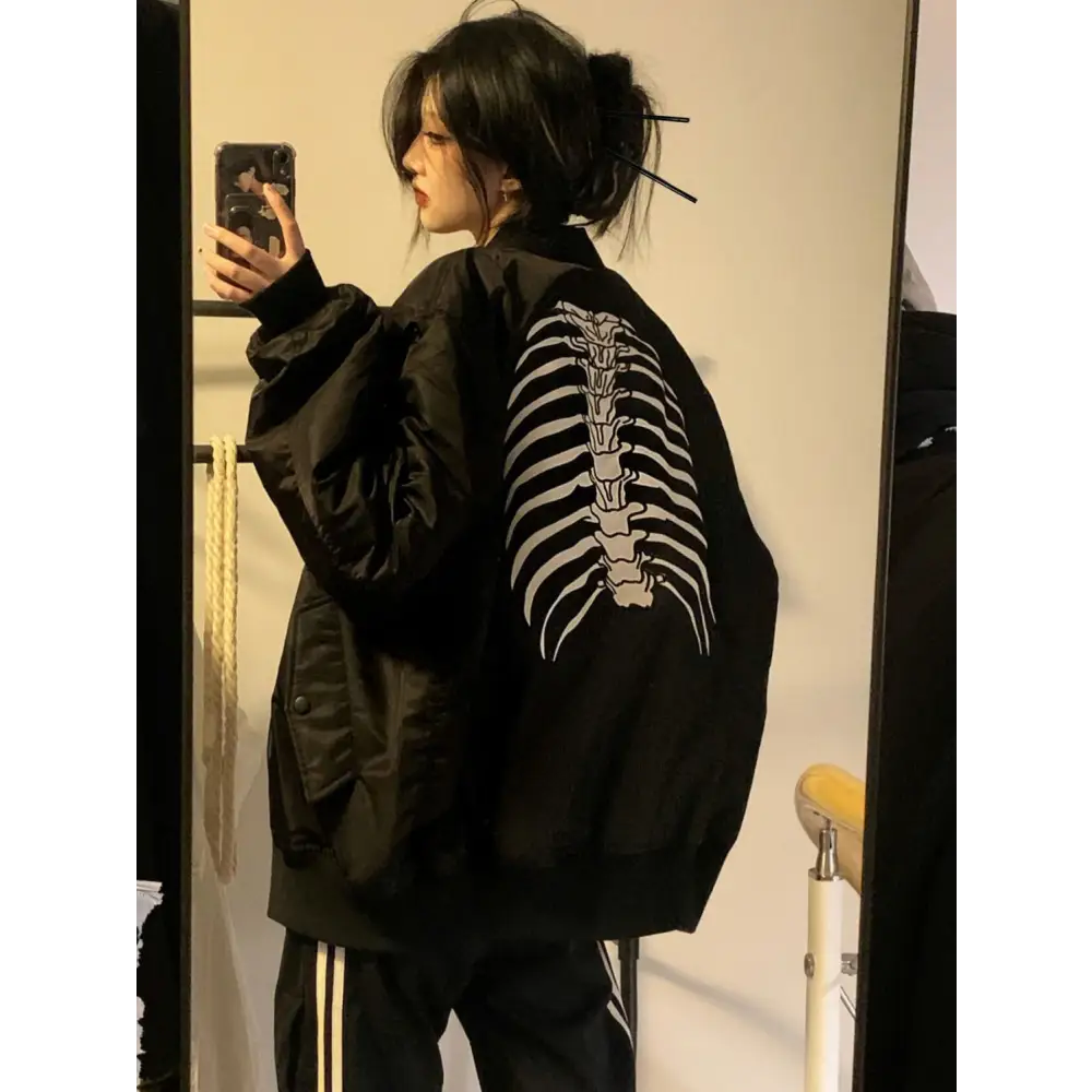 Stylish skeleton jacket with o-neck for y2k fashion enthusiasts - jackets