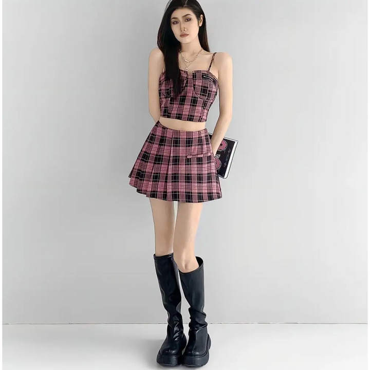 Barbiecore aesthetic two-piece set with square neckline and adjustable straps - two piece sets