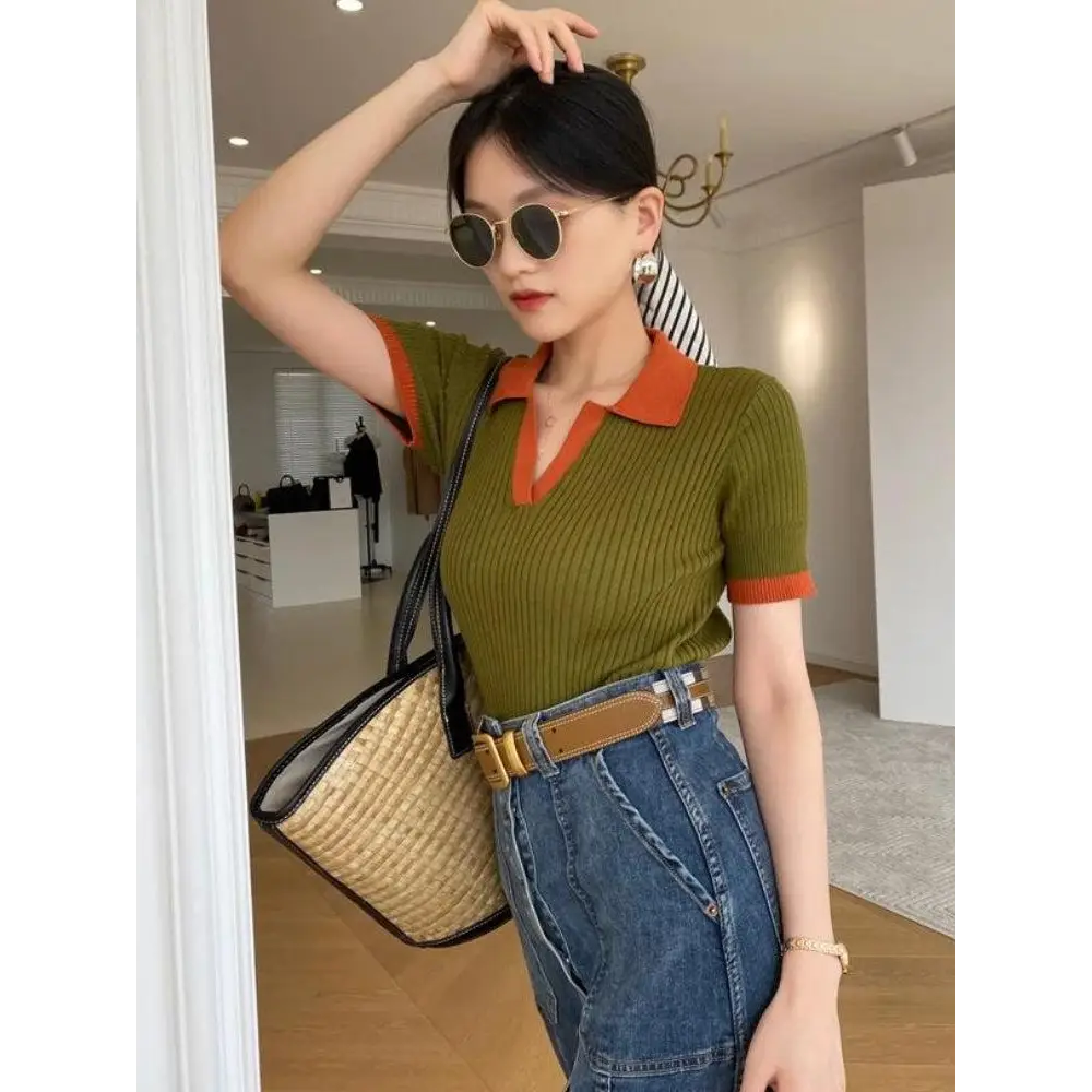 Olive green polo top with orange accents for a y2k style - one size