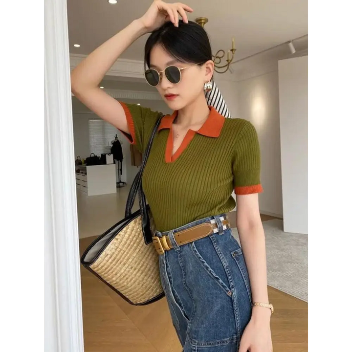 Olive green polo top with orange accents for a y2k style - one size