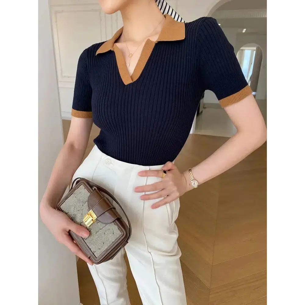 Olive green polo top with orange accents for a y2k style - navy / one size