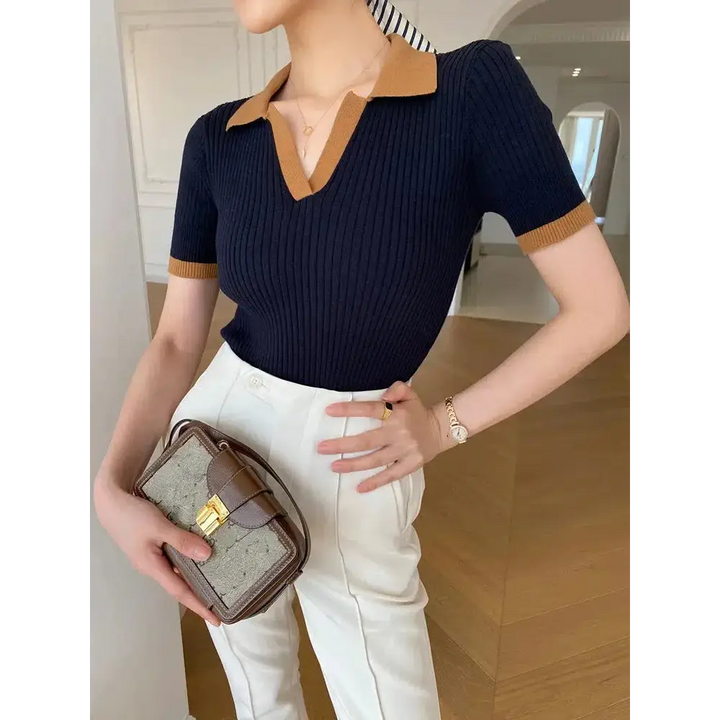 Olive green polo top with orange accents for a y2k style - navy / one size