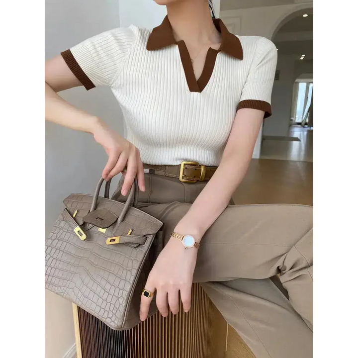 Olive green polo top with orange accents for a y2k style - white / one size