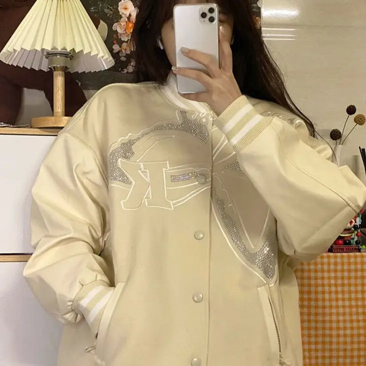 Beige varsity jacket with rhinestones - y2k style - s
