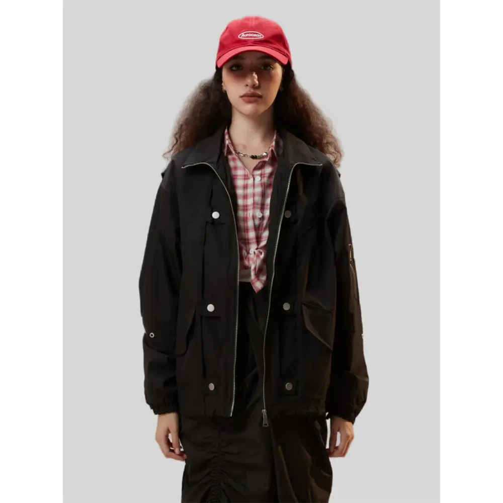 Y2k black zipper denim jacket for versatile streetwear style