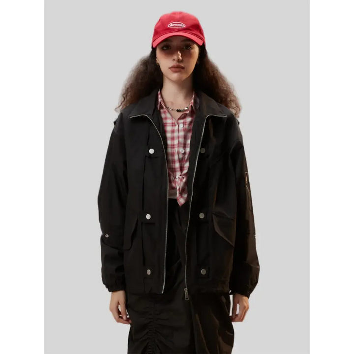 Y2k black zipper denim jacket for versatile streetwear style