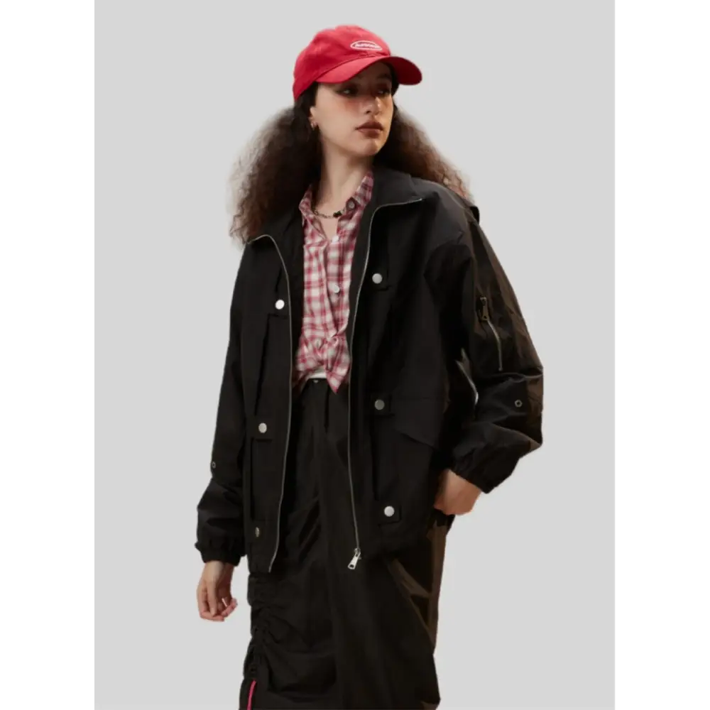 Y2k black zipper denim jacket for versatile streetwear style