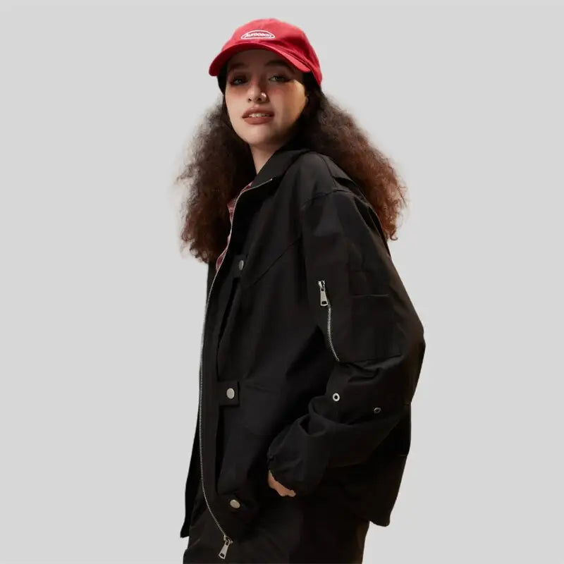 Y2k black zipper denim jacket for versatile streetwear style