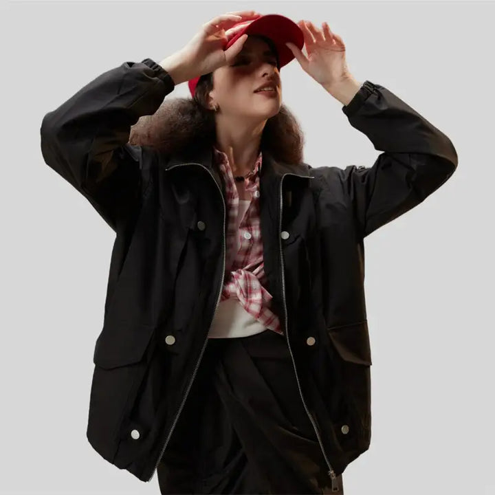 Y2k black zipper denim jacket for versatile streetwear style