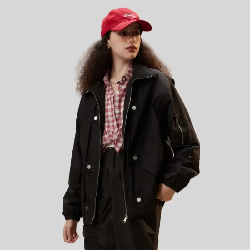 Y2k black zipper denim jacket for versatile streetwear style