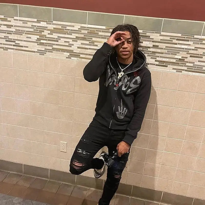 Black y2k zipped hoodie with rhinestone spider web design - hoodies