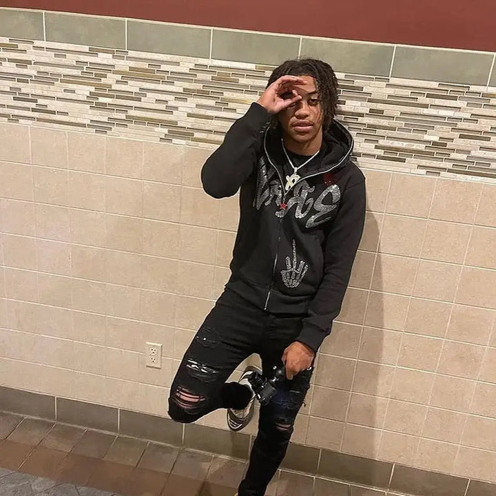 Black y2k zipped hoodie with rhinestone spider web design - hoodies