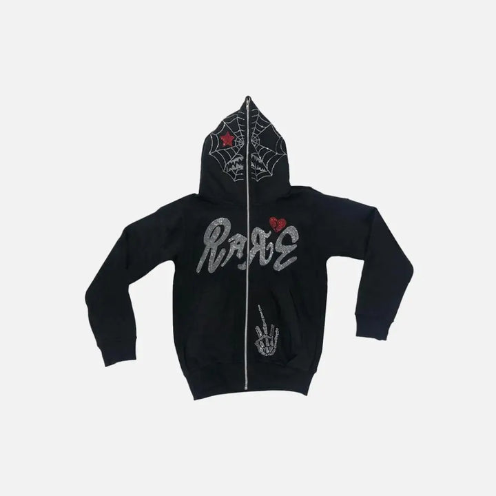 Black y2k zipped hoodie with rhinestone spider web design - s - hoodies