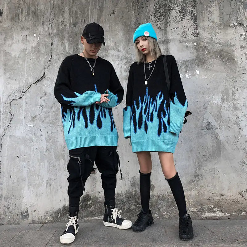 Bluee flame knit sweater y2k style