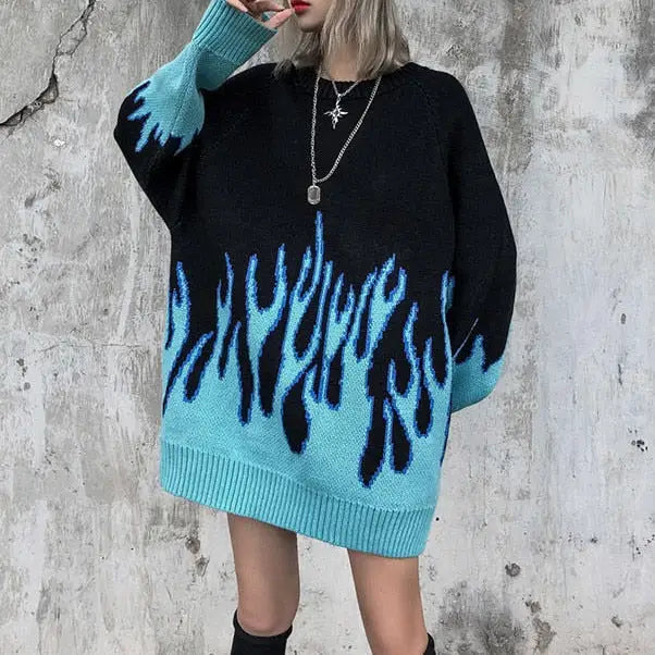 Bluee flame knit sweater y2k style - s