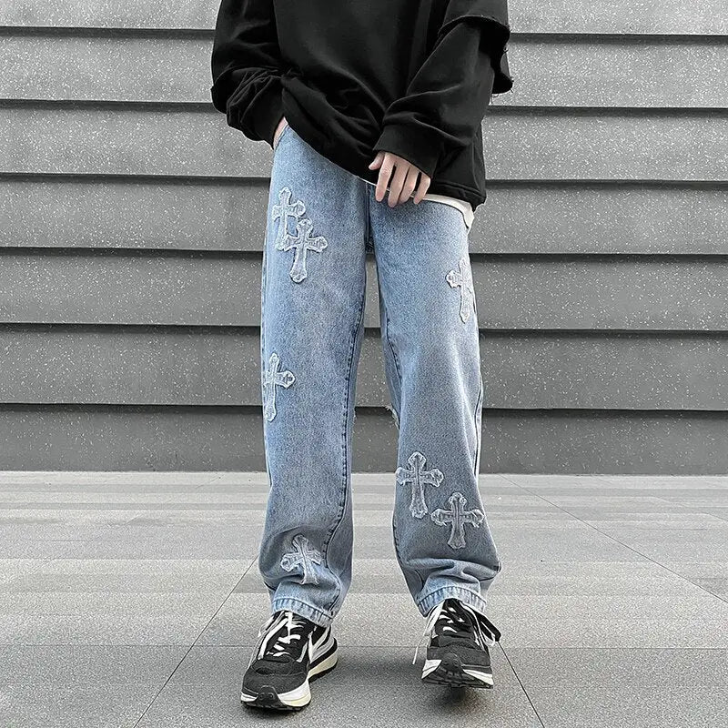 Y2k blue cross jeans - bold and unique streetwear