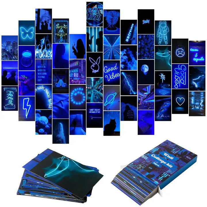Blue neon collage kit for aesthetic room decoration