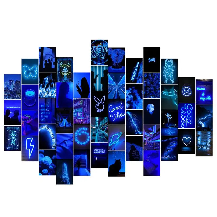 Blue neon collage kit for aesthetic room decoration