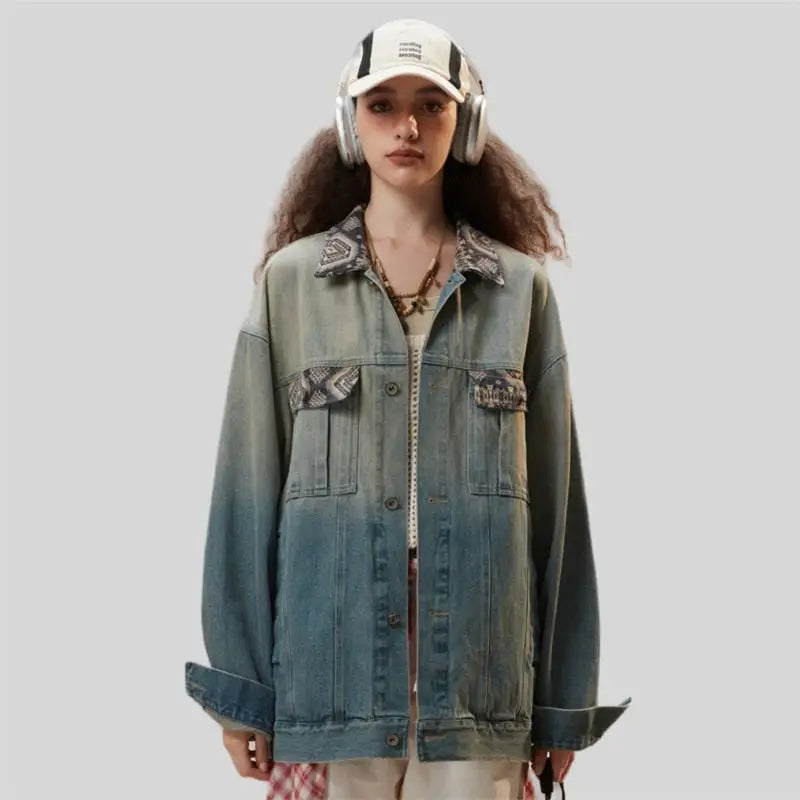 Washed blue denim jacket for y2k streetwear enthusiasts