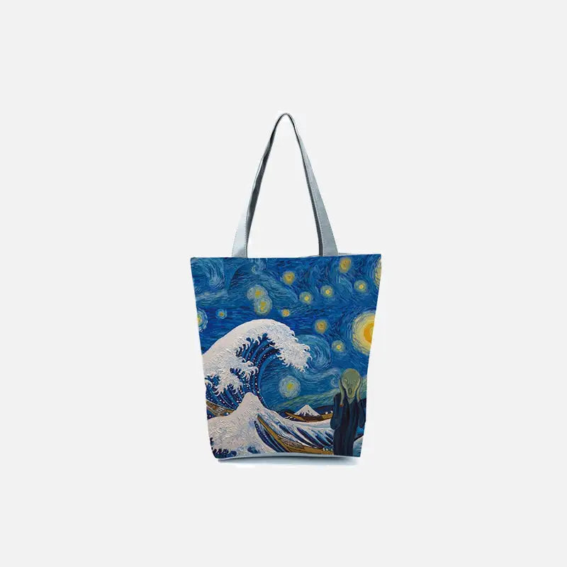 Blue wavy starry night tote bag with chic cartoon print - 23x27cm-9x10.6in