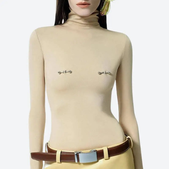 Bodycon piercing top with faux nipple piercings for y2k style - beige / s