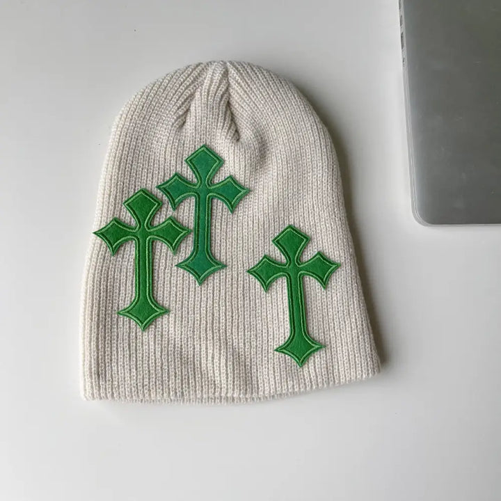 Y2k cross beanie – essential streetwear - beige