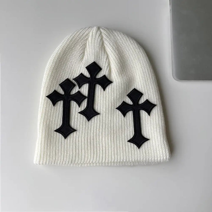 Y2k cross beanie – essential streetwear - white