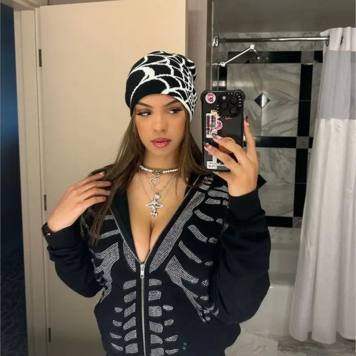 Y2k style spider web beanie for streetwear