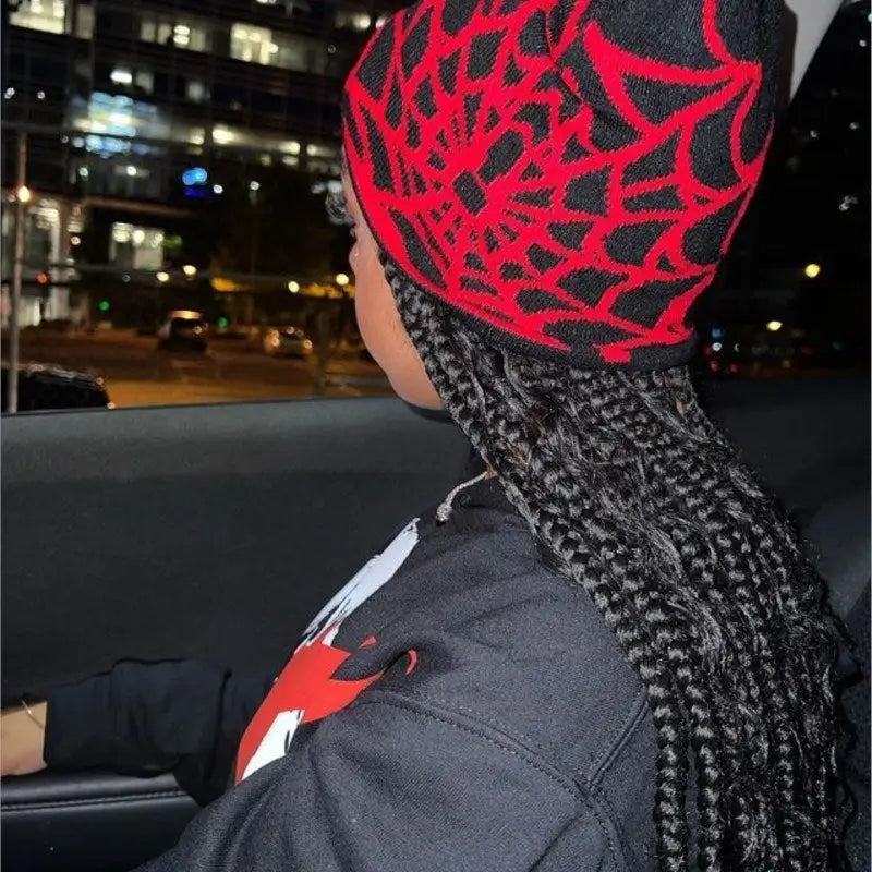 Y2k style spider web beanie for streetwear - red