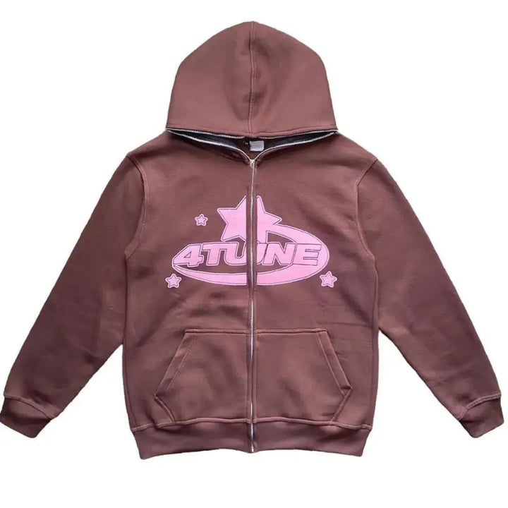 Brown y2k zip up hoodie - essential streetwear - s