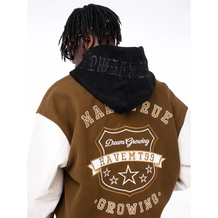 Brown leather y2k varsity jacket - essential streetwear