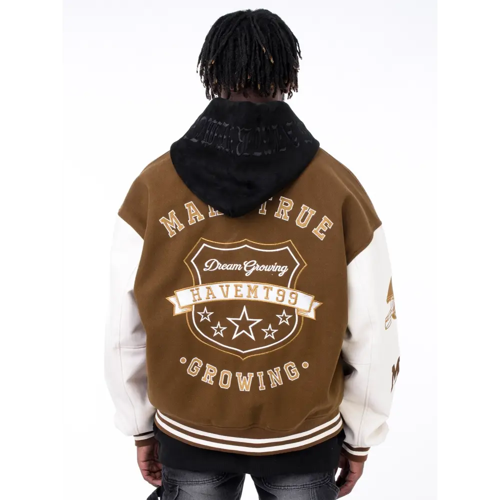 Brown leather y2k varsity jacket - essential streetwear