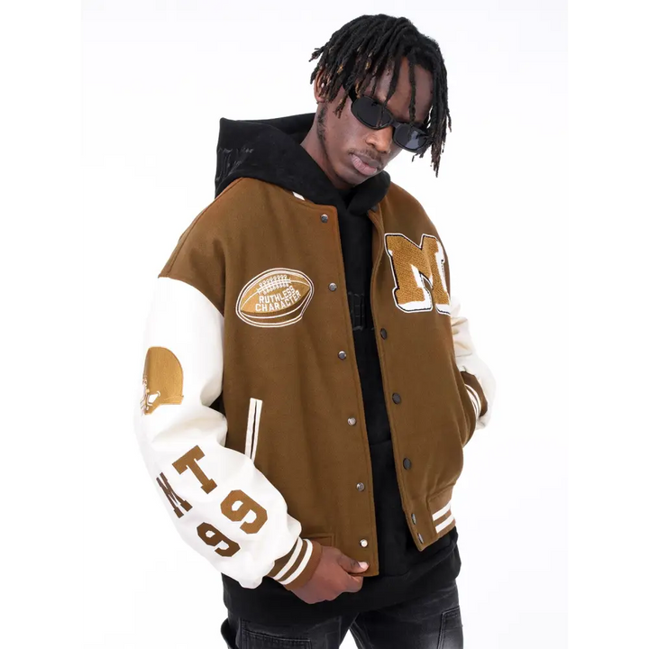 Brown leather y2k varsity jacket - essential streetwear