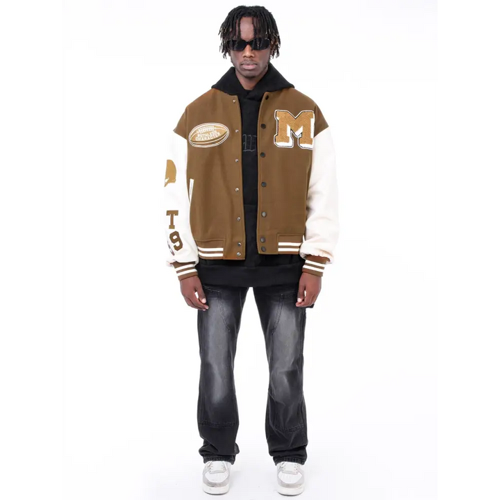 Brown leather y2k varsity jacket - essential streetwear