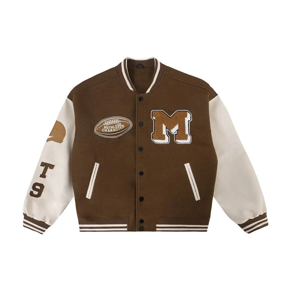 Brown leather y2k varsity jacket - essential streetwear - m