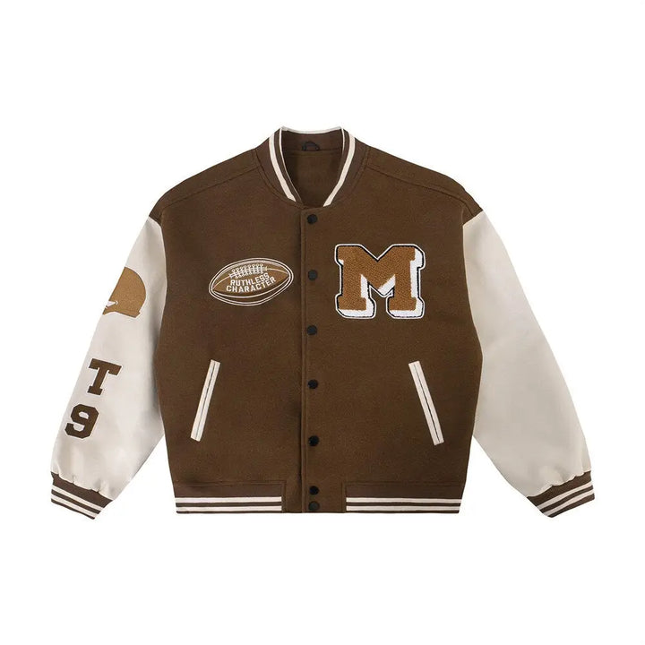 Brown leather y2k varsity jacket - essential streetwear - m