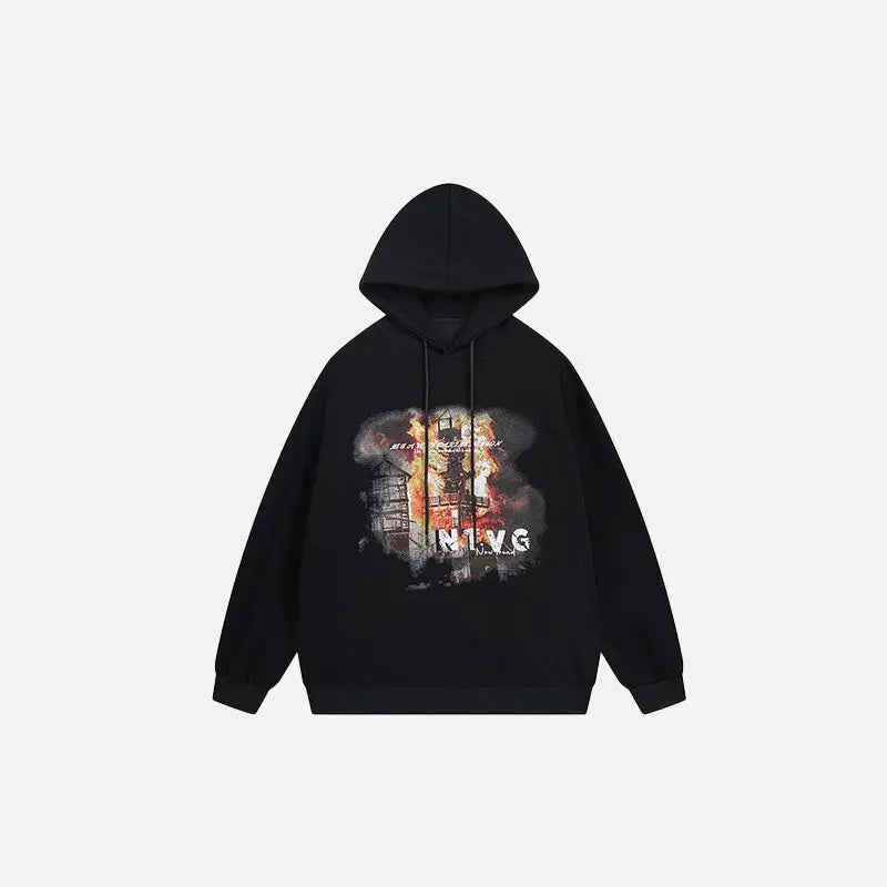Burning building y2k graphic hoodie for style and comfort - black / m - hoodies