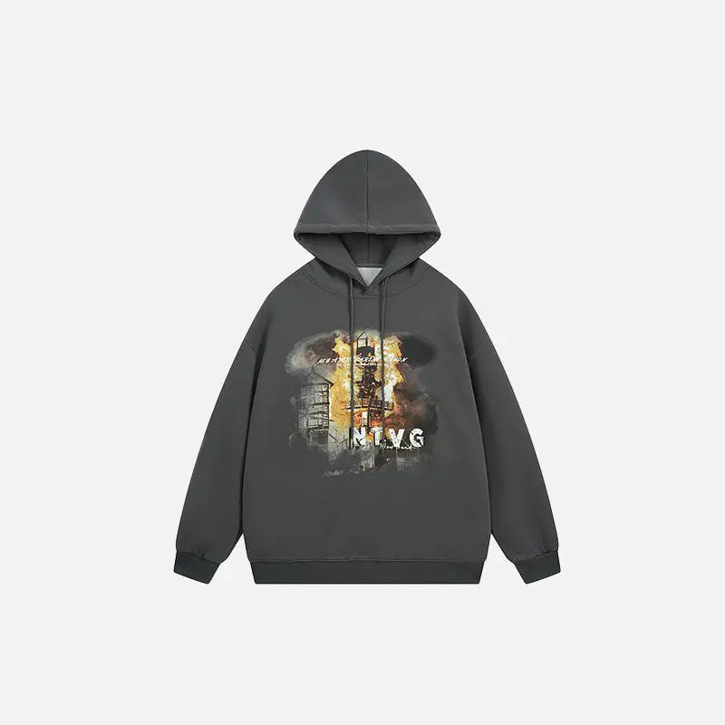 Burning building y2k graphic hoodie for style and comfort - gray / m - hoodies
