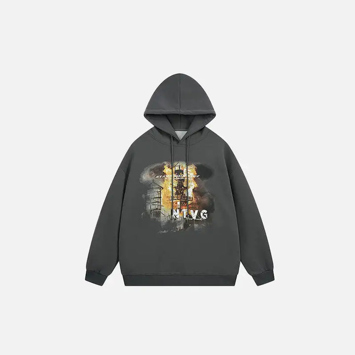 Burning building y2k graphic hoodie for style and comfort - gray / m - hoodies