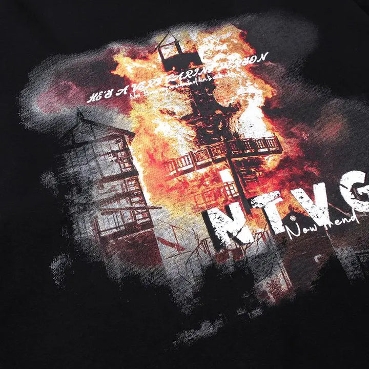Burning building y2k graphic hoodie for style and comfort - hoodies