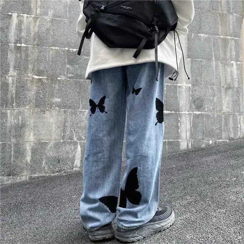 Y2k baggy jeans with butterfly print for a nostalgic look - pants