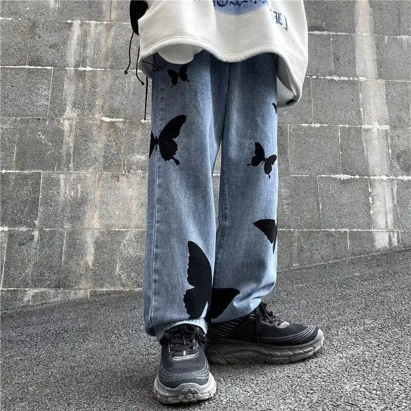 Y2k baggy jeans with butterfly print for a nostalgic look - pants
